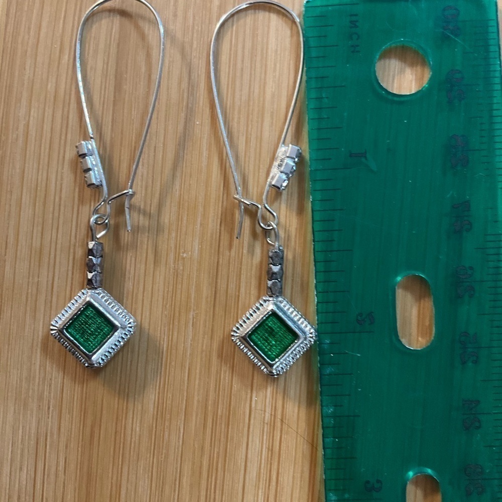 Hand Crafted Earrings Green Enamel Charm on Fish Hook with Rhinestones - Picture 5 of 6